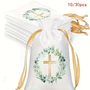 10/30 Religious Baptism and Communion Gift Bags with Drawstring Closure, Gold Wreath and Cross Design, Party Gift Bags, Suitable for Jewelry, Baptism, Communion, Weddings, Birthdays, Baptism Gifts, Party Favors