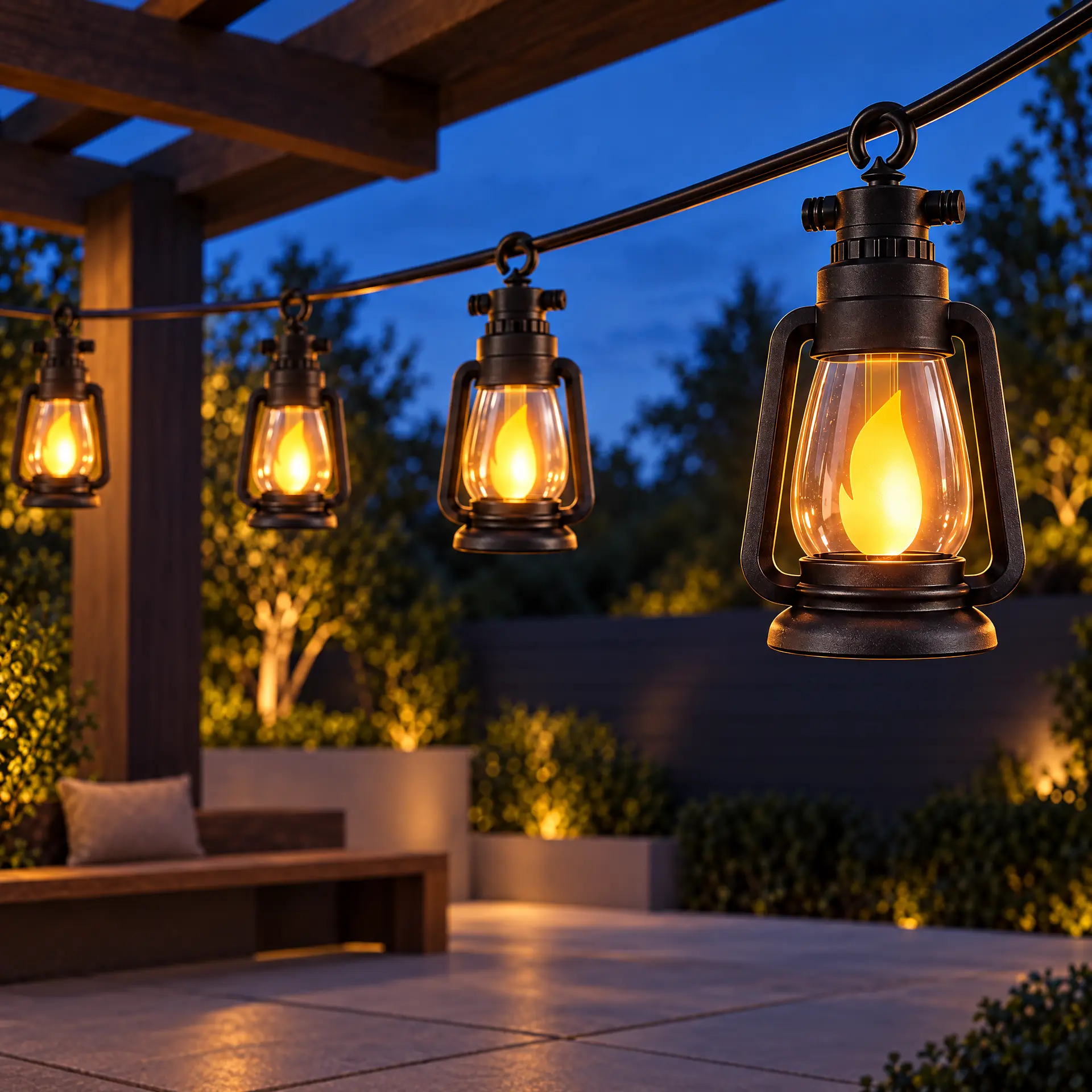 BACKYARD FOX Vintage Lantern Solar String Lights, 19.7FT Flickering Flame LED Lights, Realistic Dancing Fire Effect, Waterproof &Shatterproof Outdoor Patio Lights for Halloween Porch Yard Garden Decor