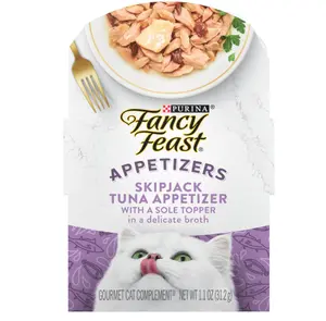 Purina Fancy Feast Appetizers Lickable Grain Free Wet Cat Food Topper Skipjack Tuna Appetizer with Sole - (Pack of 10) 1.1 oz. Trays