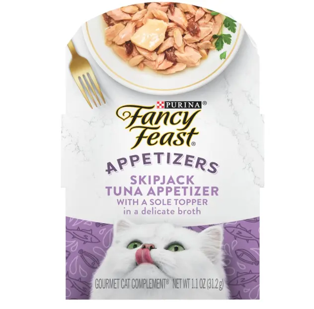 Purina Fancy Feast Appetizers Lickable Grain Free Wet Cat Food Topper Skipjack Tuna Appetizer with Sole - (Pack of 10) 1.1 oz. Trays