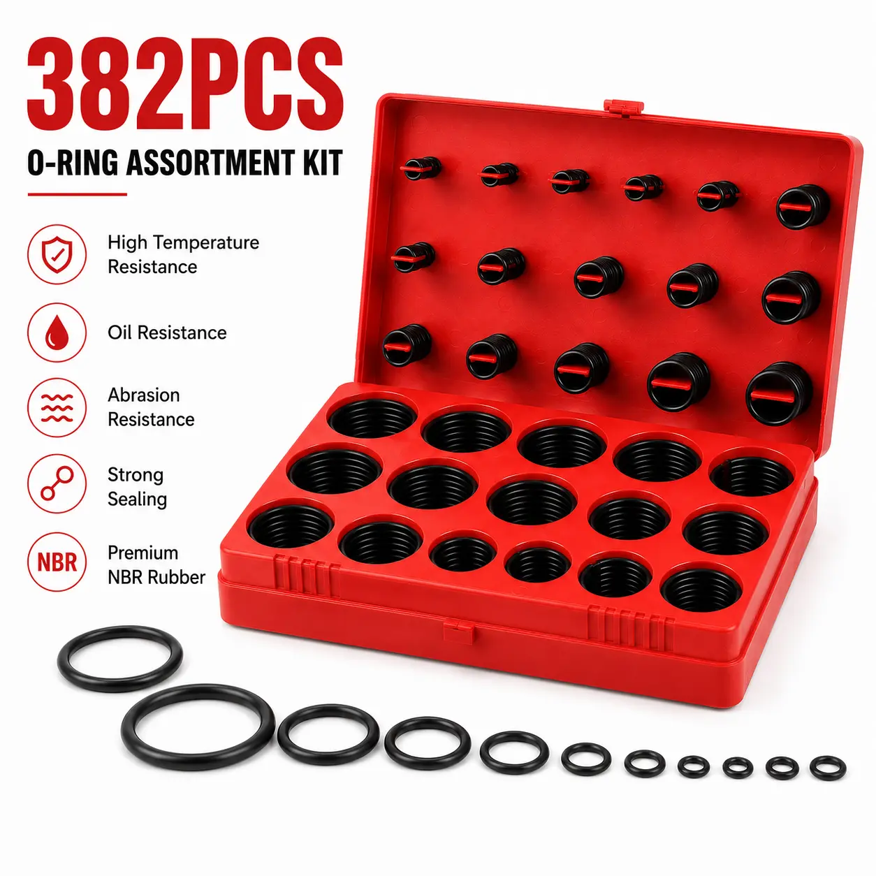 Metric Rubber O-Ring Assortment Kit - 382pcs Abrasion-Resistant Circular Seal Fasteners, Plumbing, Automotive Components for Pipeline, Hydraulic Maintenance Projects