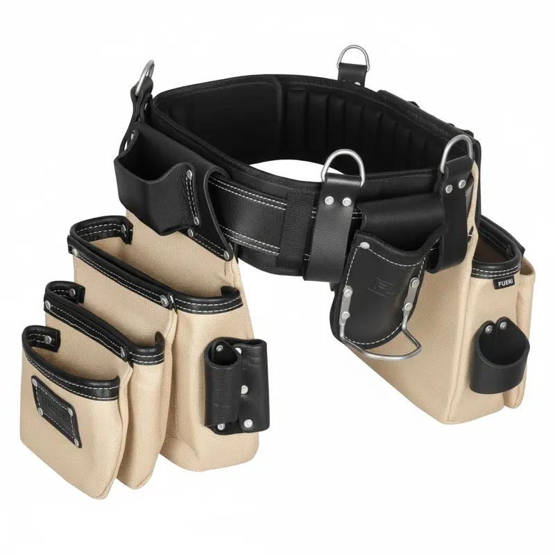 FUERI Holiday Haul Heavy Duty Tool Belt for Men 26 Pockets Beige and Black Nylon Leather Organizer Carpenter Construction Electrician Framing Belt Bag Pouch
