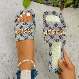 Women's Casual Slip-On Sandals with Chain Design and Pearl Accents for Summer