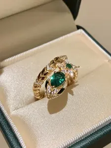 Fashion Punk Head Small Snake Plated 18k Gold Creative Zircon Adjustable Snake Party Ring, Casual Floral Pattern, All Seasons