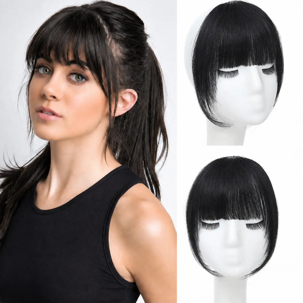 Clip in Bangs Real Human Hair Extensions, Natural Black French Bangs Hair Clip Fringe with Temples Hairpieces for Women, Curved Bangs for Daily Wear