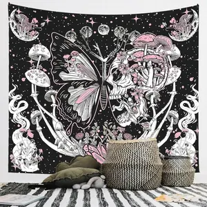 Skull & Butterfly Pattern Tapestry, Mushroom Skull Wall Hanging, Wall Decor for Home Living Room Bedroom, Home Decoration Background Fabric