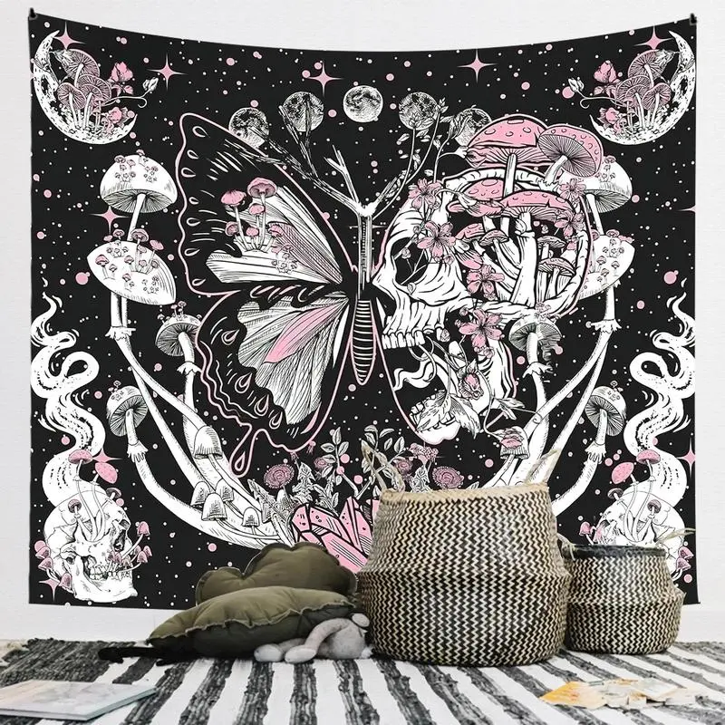 Skull-Butterfly & Mushroom Skull Pattern Tapestry, Home Wall Hanging Decor for Living Room, Bedroom Background Fabric