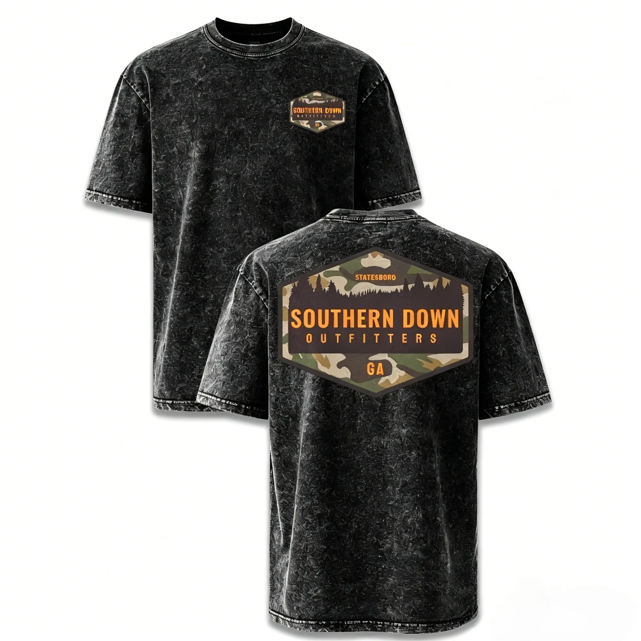 Vintage Washed Southern Down Outfitters GA Camo Forest Graphic T-Shirt – Oversized Outdoor Tee for Men, Country Hunting Shirt, Gift for Southern Lifestyle & Outdoor Lovers