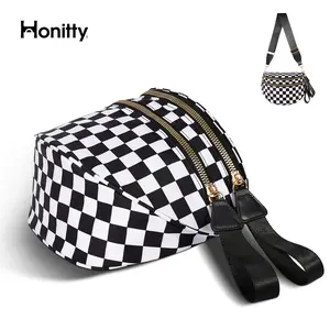 HONITTY Plus Size Friendly Fanny Pack with Gold Toned Hardware & Adjustable Strap Spacious Design for Essentials Great Gift Belt Bags Black and White Checkered Nylon Bum Bag