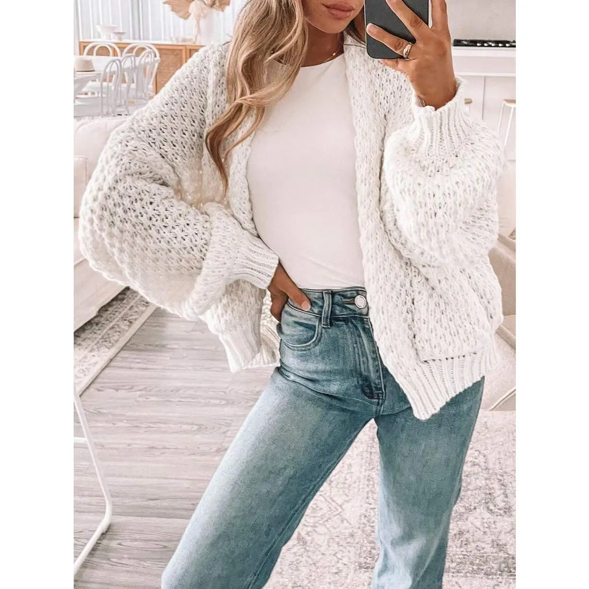 Women's Oversized Crochet Cardigan Sweater, Casual V-Neck Knitwear with Hollow Out Batwing Sleeves, Lightweight Open Front, Fabric, Fit, Polyester