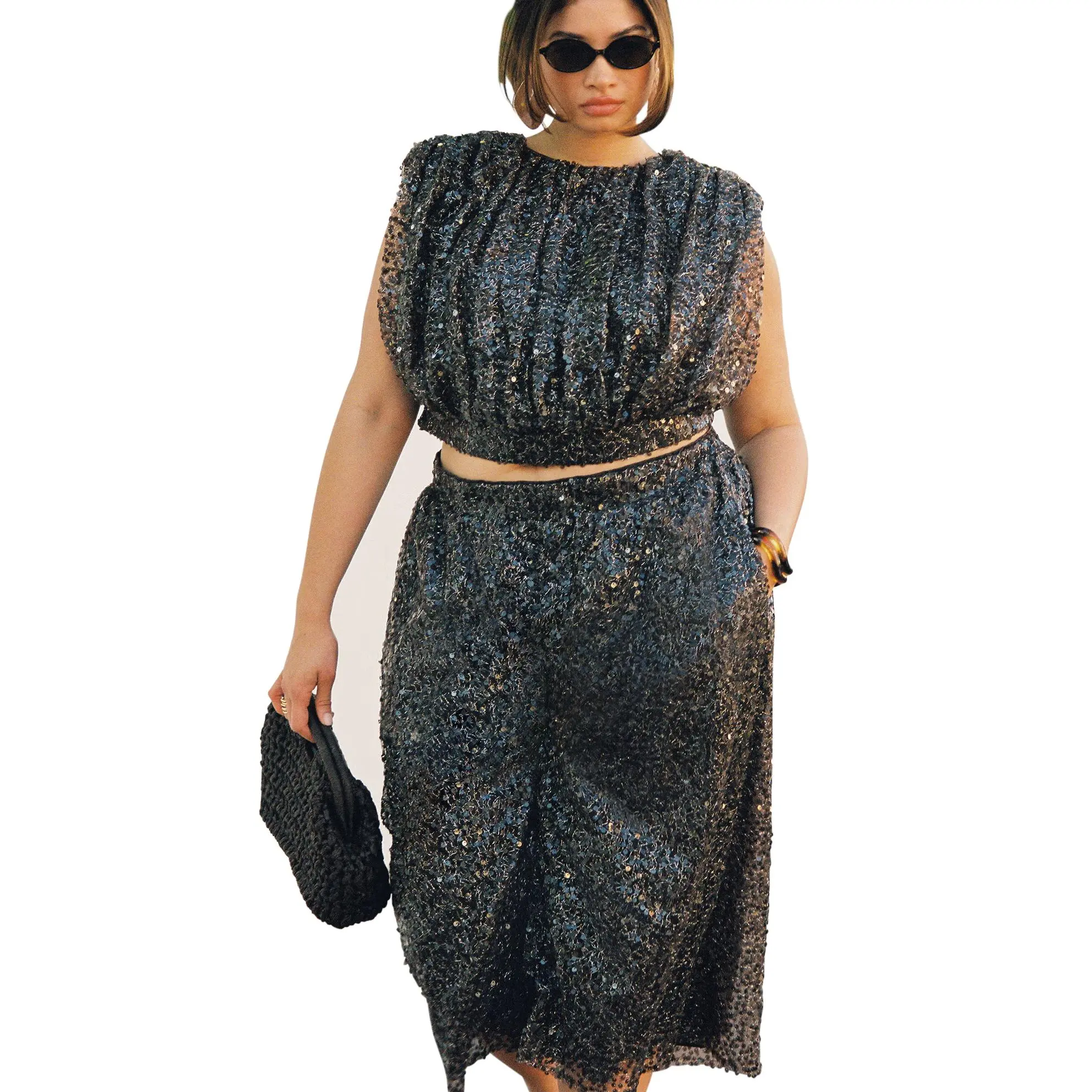 ELOQUII Women's Plus Size Sequin Pull On Wide Leg Culotte