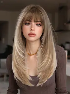 Gradient Golden Straight Wig with Bangs, Layered Synthetic Fiber, Matte High-Temperature Fiber, Daily Wear Style, Women Hair Accessory, Synthetic Fiber Wigs