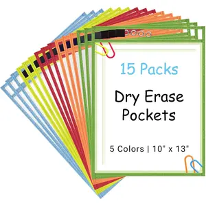 15 Packs Oversized Dry Erase Pockets Reusable Plastic Sleeves, 5 Colors Shop Ticket Holders & Sheet Protectors Document Sleeves for Teachers, Classroom Organization, Must Have School Supplies