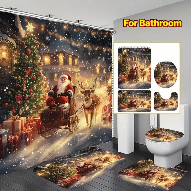 1/4pcs Christmas decoration Santa Claus and elk design shower curtain set, Bathroom curtains shower, festive design, non-slip floor mat, U-shaped carpet, toilet lid cover, 12 shower curtain hooks are included