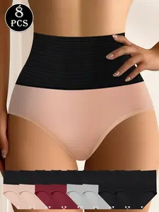 QUASTI 8PCS High Waisted Underwear for Women, Color Blocking Edge Design Pure Cotton Crotch Comfortable & Breathable, High Elasticity Underwear Cinching & Lifting Buttocks Everyday Comfort Wear