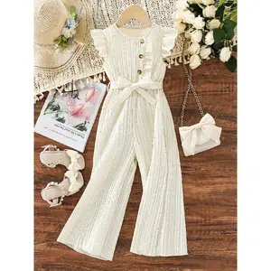 Suitable for outdoor scenes, targeted development: solid color flying sleeve temperament girl's wide-leg trousers, chest button design + same color belt, suitable for daily leisure outdoor play, Perfect for Outdoor