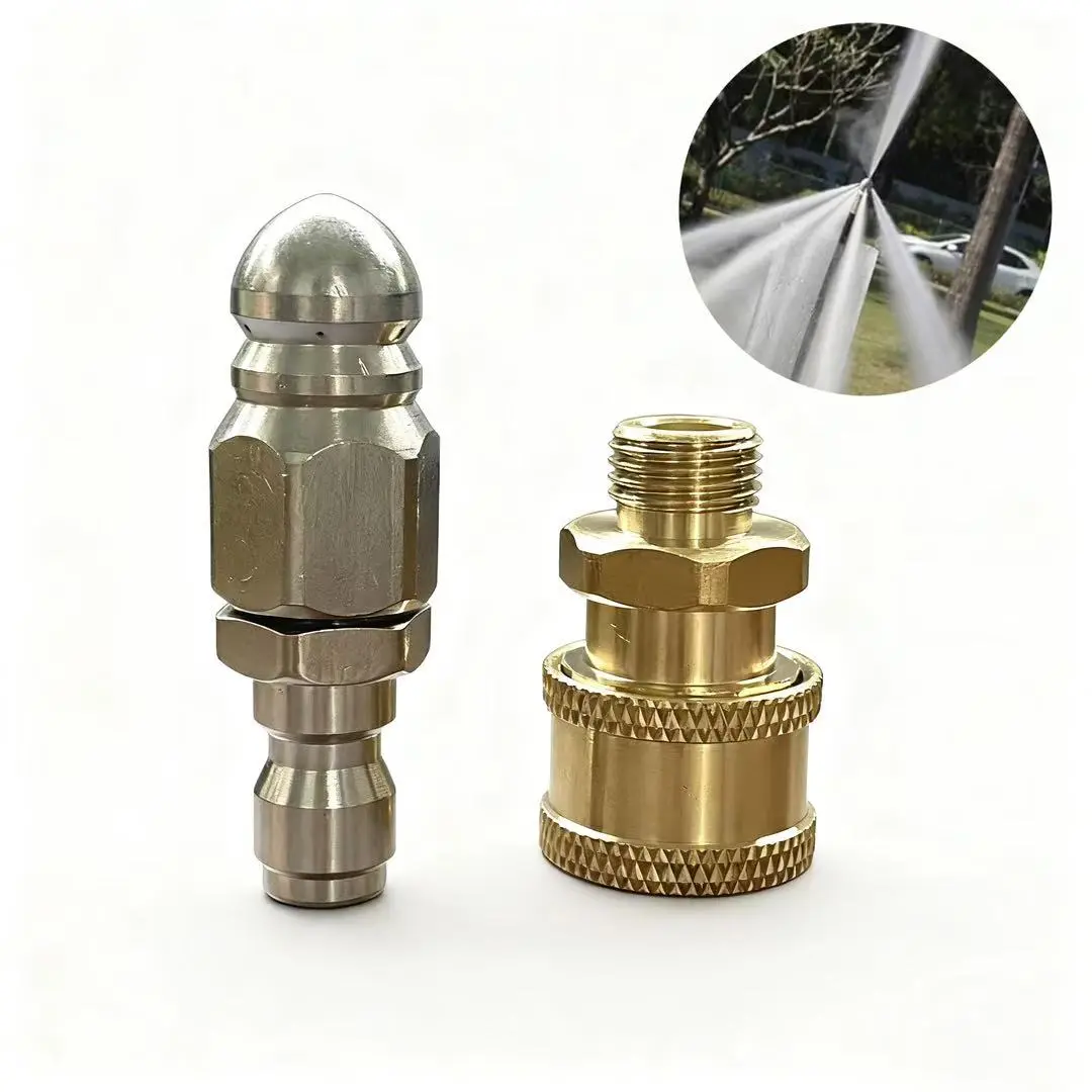 2-Pcs Stainless Steel Pressure Washer Sewer Jetter Kit - Rotating Button Nose Jet Head, Multi-Model Drain Hose Spray Head, Water Hose Nozzle, 1/4'' Quick Connector Compatibility, 5000 Psi Drain Cleaning Tool