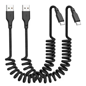Car Carplay Cable 2Pack 3ft Coiled USB A to USB C Fast Charge Cord for iPhone 16/15/Plus/Pro Max/MacBook Pro, Auto Coiled Retractable iPhone Car Cord