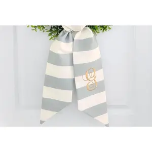 Belmont blue stripe monogram wreath sash for front door, personalized embroidered Christmas coastal wreath sash, custom wedding shower gift wreath sash, monogram door decor