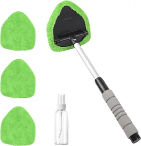 Car Windshield Cleaning Tool, Car Windshield Window Cleaner, Auto Window Glass Cleaning Kit with Extendable Handle & Reusable Microfiber Pad & Spray Bottle, Universal Car Accessories (Green)
