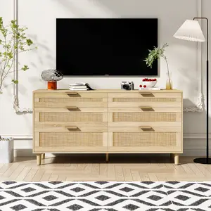 【GOOGREAT】59" Rattan Dresser with Drawers, 6 Drawer Dresser for Bedroom, Clothes Storage Cabinet for Bedroom, Metal Handle&Wood Legs for Hallway, Living Room, Bedroom,Natural