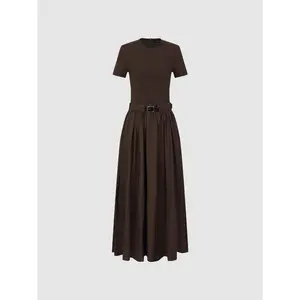 URBAN REVIVO Women's 2026 Summer Cotton Casual Belted Short-Sleeve A-Line Maxi Dress