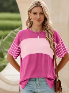 A women's Fitted color-blocked pullover round-neck casual striped short-sleeved T-shirt top, suitable for summer, suitable for street wear and home wear, Womenswear