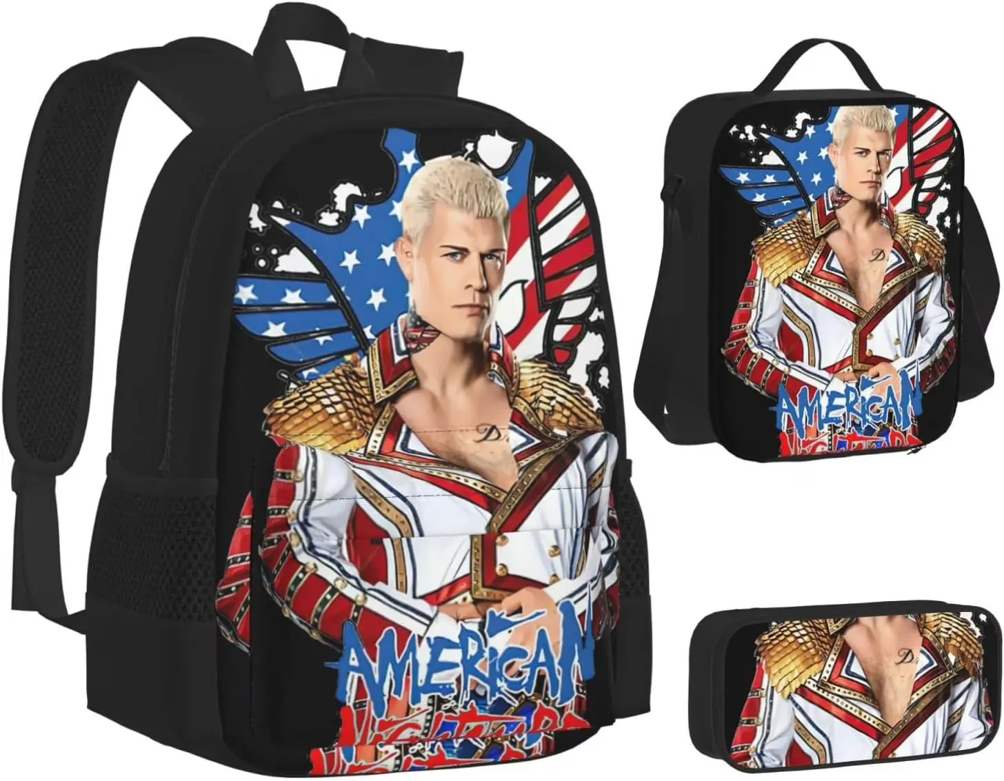 Cody Wrestler Rhodes Backpack 3 Pieces Set With Lunch Box And Pencil Case Combination for Work/Sport/Picnic Adjustable Laptop Backpack Travel Daypack Stationery Bag AS PIC