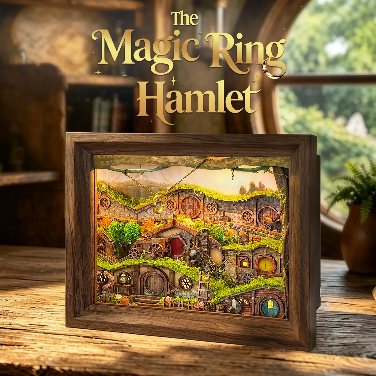 The Magic Ring Hamlet DIY Miniature House Shadow Box Kit | 3D Wooden Puzzle with Lights & Dust Cover, Book Nook Kits for Adults, Creative Framed Bookshelf Decor & Gift