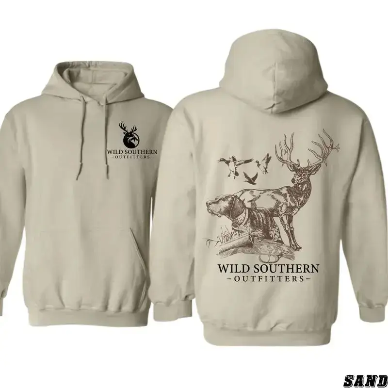 Wild Southern Outfitters Hunting Hoodie, Deer Dog Duck Graphic Hoodie, Outdoor Hunter Gift, Front and Back Print Unisex Hoodie, Gift For Men
