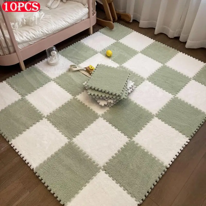 Colorblock Square Plush Floor Mat (10pcs), Soft Anti-slip Puzzle Area Rug, Interlocking Foam Floor Mat, Decorative Carpet for Home Living Room Bedroom