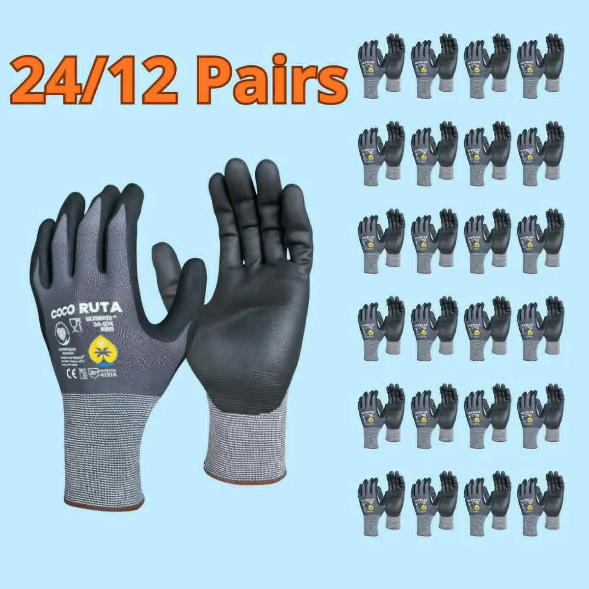 24 Pairs COCO RUTA Gloves  34-874 Safety Gloves | Guantes Para Trabajo - COCO RUTA Gloves For Men Nitrile Micro Foam Grip Palm Comfortable Fit Construction Gear