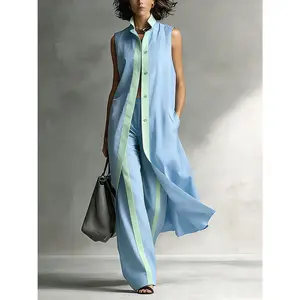 VVZ 2026 Women's Two Piece Set Sleeveless Long Vest Wide Leg Pants Outfit Casual Loose Elegant Summer Matching Set Vacation Travel Office Lady Clothing