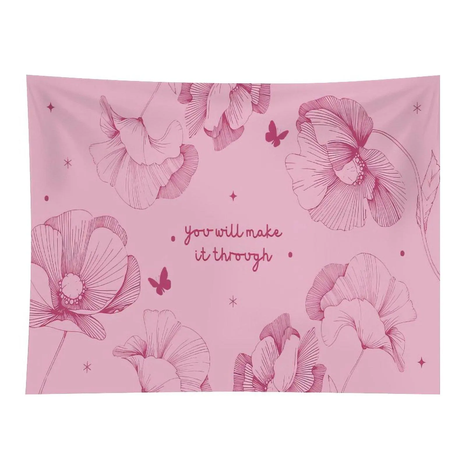 Soft Pink Line Art Poppy Flower Butterfly Positive Text You Will Make It Through Wall Tapestry Wall Hanging, Gentle Floral Minimalist Girly Art Decor for Bedroom Nursery Dorm Aesthetic Backdrop