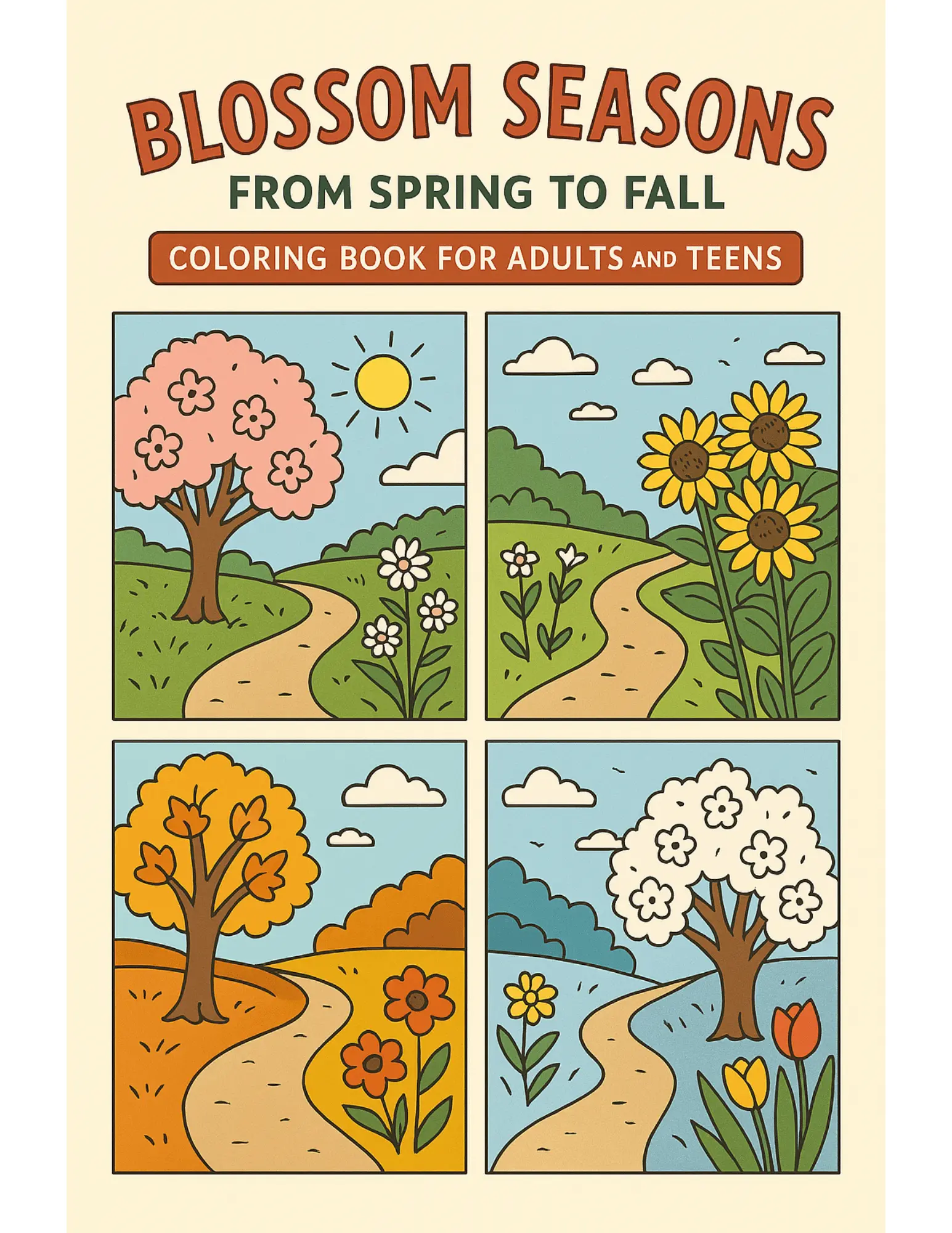 Blossom Seasons From Spring to Fall Coloring Book Sheets For Adults and Teens