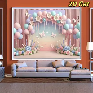 2D Flat 1PC Polyester Pastel Pink Blue Balloon Floral Arch Backdrop Banner, Gentle Butterfly Gradient Photography Background, Indoor Outdoor Use, Ideal For Girl Birthday Party, Baby Shower Baptism, Romantic Engagement Ceremony, Dessert Table Decor