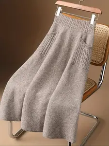 Women's Solid Color Cable Knit Sweater Skirt, Casual High Waist A-line Knit Skirt for Fall & Winter, Women's Knitwear for Daily Wear, High Waist Skirts