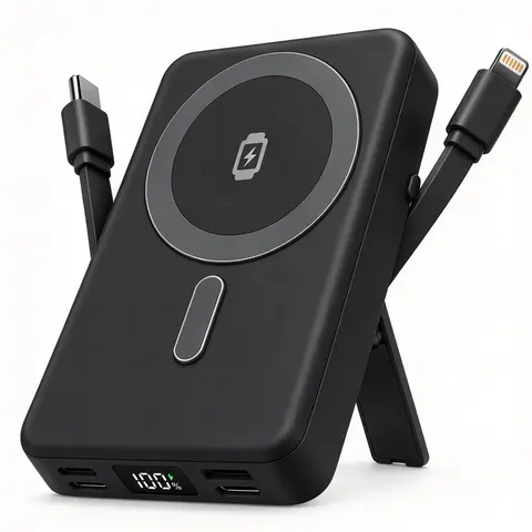 Portable Charger for Apple Watch & iPhone 18/17/16/15/14, 10000mAh 15W Fast Wireless Magnetic Power Bank with Built-in USB-C Cable, Ultra Slim 3-in-1 Mag-Safe Battery Pack with Smart LCD Display,techvibes