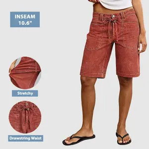 Flamingals Patch Pocket Drawstring Mid Rise Bermuda Shorts Womenswear Stretchy 10.6" Inseam Summer