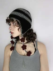 earflap hat with string of stars pompoms handmade crochet knitted beanie