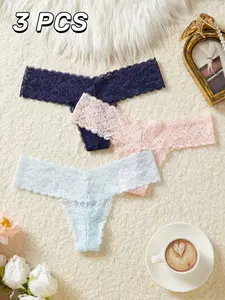 Women's Everyday Thong Panties Lace Underwear Sexy Comfortable Solid Color Spring Summer Fresh Colors Pack of 3 Soft Breathable Panties