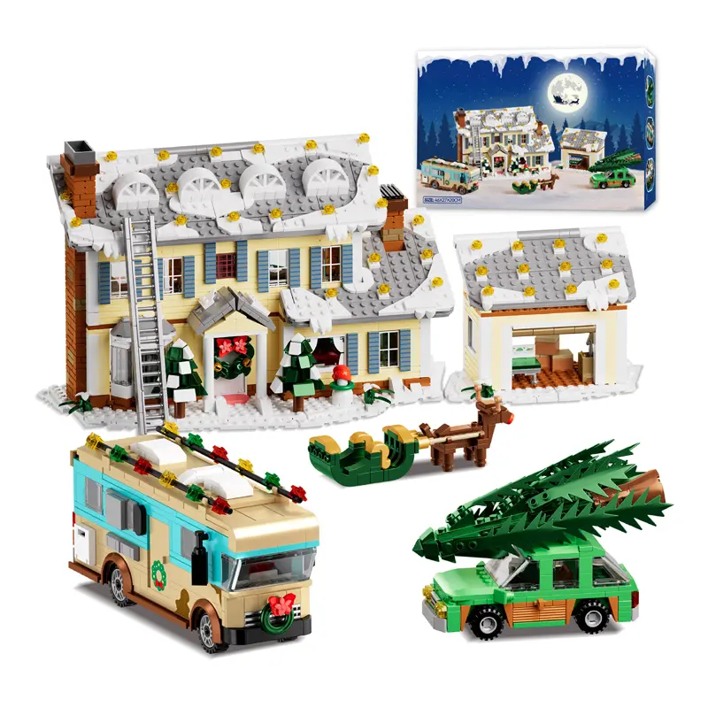 Holiday Theme Christmas House Assembly Blocks Set - 1958PCS 5-in-1 Do It Yourself Buildable Plastic Blocks Kit, Creative Architecture Street View with Snow Village & RV, Collectibles Home Decor Gift for Ages 7+ homedecor