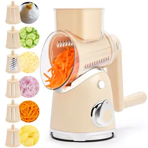 SUSTEAS 6-in-1 Multipurpose Grater with Secure Suction, Ice Crushing & Hand Guard – Perfect for Shredding, Slicing & Grating Safely Ergonomic Rotary Base Vegetable Slicer Vegetable Cutter cheese grater cheese grater rotary Kitchen Beige
