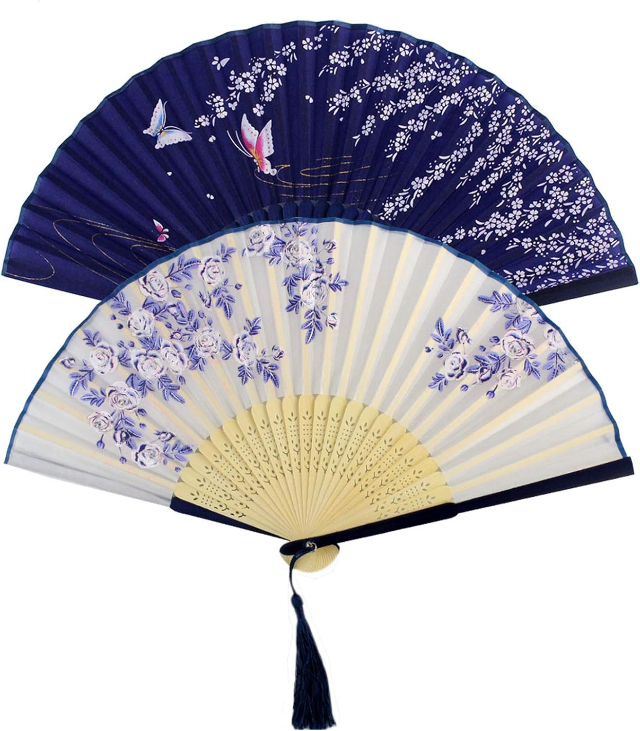 2 Pieces Handheld Fans, Silk Folding Fans with Bamboo Frames for Dancing Cosplay Wedding Party Props Decoration, White Blue