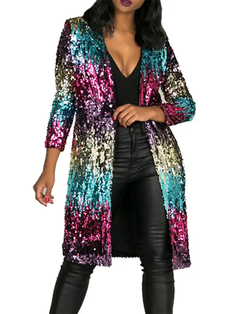 610 - Long Sleeves Full Sequins Open Front Duster Cardigan Cover-up Jacket Coat Womenswear Day