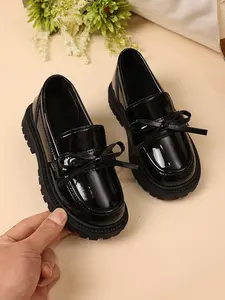 2026 Spring Fall New Girls' Loafers, Glossy Bow Tie, British Style, Student Performance, Princess Small Boots, Slip On Flats, PU Leather, Rubber Sole