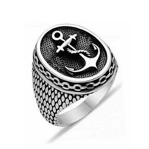 retro punk ring, titanium steel polished navy anchor men's ring