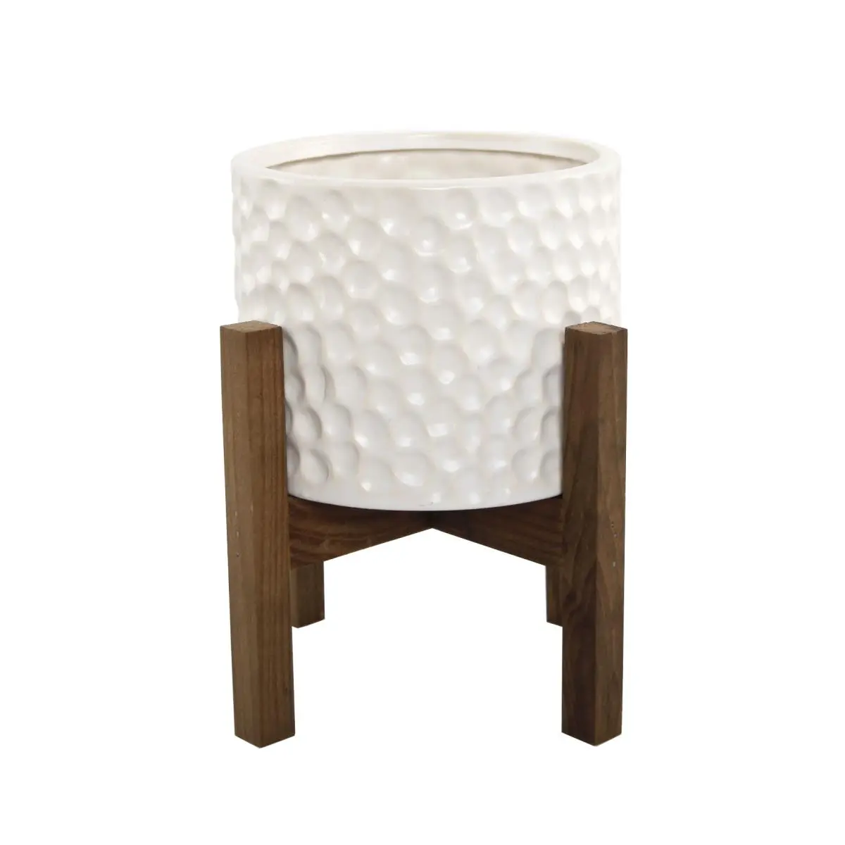 Flora Bunda CT1109E-CRM Indoor Beehive Ceramic Flower Pot & Planter, 5.5' Handcrafted by Artisans, 6.88x6.88x7.75 Dims, Cream with Wood Stand