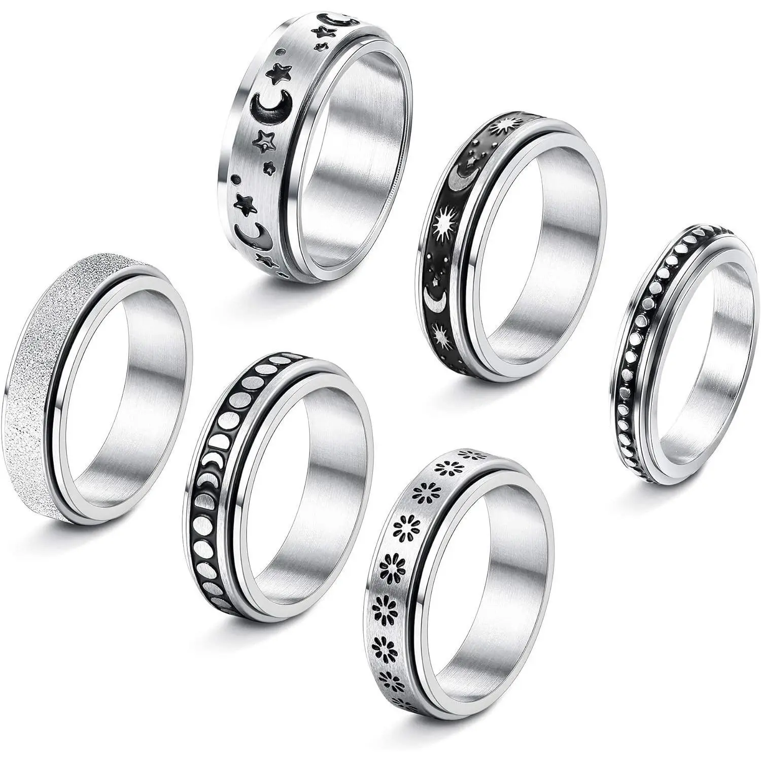 CASSIECA 6 Count Stainless Steel Rings for Women - Fidget Ring, Thumb Ring, Anxiety Rings, Comfort Fit, Size 5-10, Available in Various Designs, Stackable Rings, Trendy Jewellery Accessories