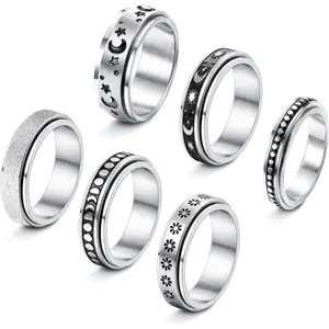 CASSIECA 6 Count Stainless Steel Rings for Women - Fidget Ring, Thumb Ring, Anxiety Rings, Comfort Fit, Size 5-10, Available in Various Designs, Stackable Rings, Trendy Jewellery Accessories